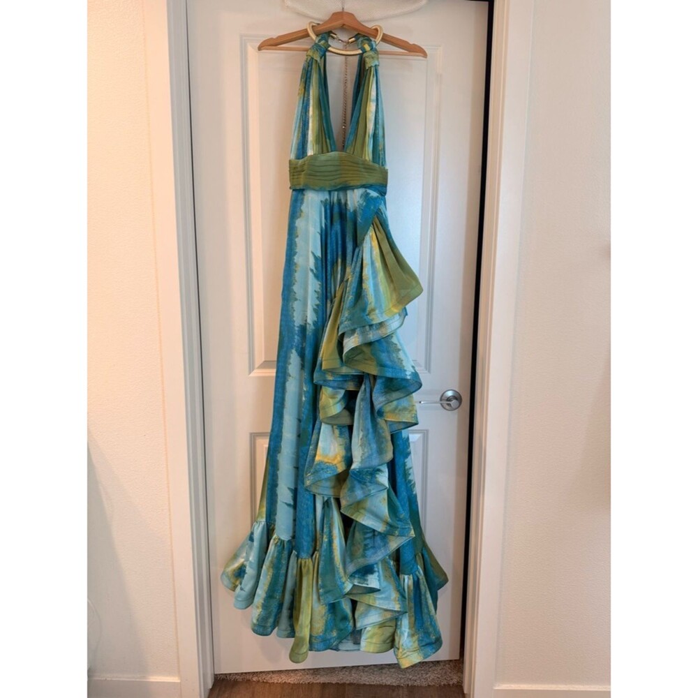Bronx Banco Palma Coastal Gown Teal & Lime Halter High-Low Ruffle Maxi Dress - Picture 8 of 16